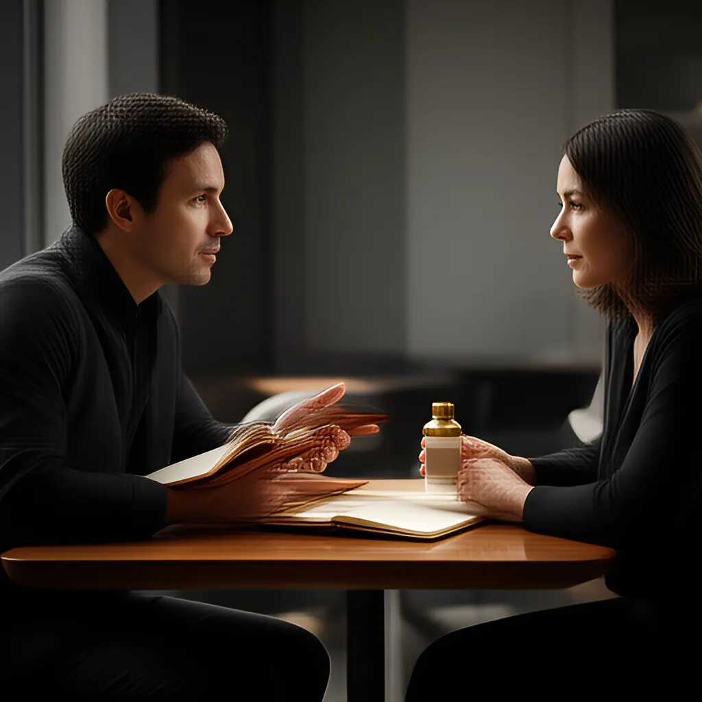 Editorial photograph of a founder listening carefully to a customer across a small meeting table with an open notebook and a real product sample, natural candid wide composition. Supports the section "The short answer" in "How to Find More of the Right Customers".