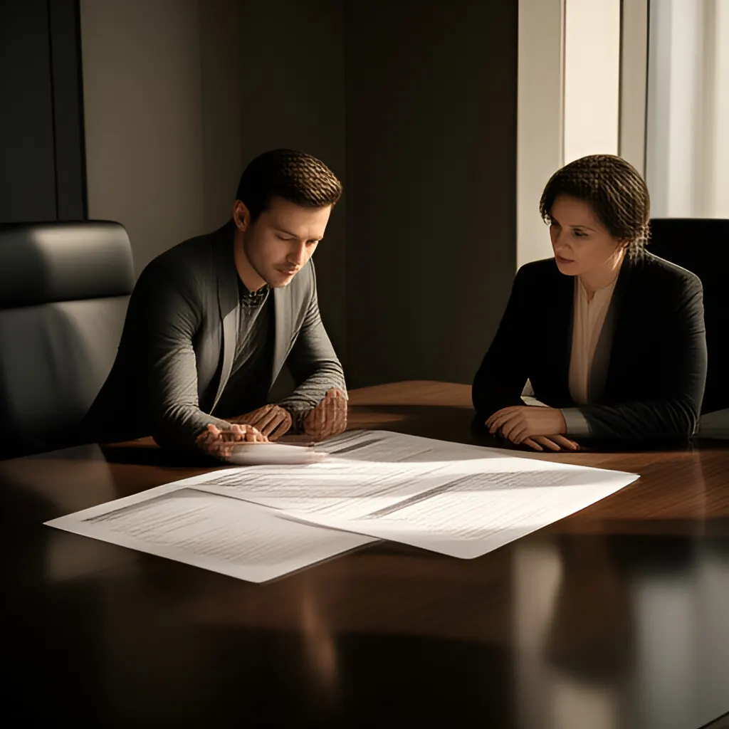 Editorial photograph of a founder and client reviewing a printed scope document across a meeting table, calm professional body language, wide natural-light composition. Supports the section "Prepare before the conversation" in "How do I fire someone kindly?".