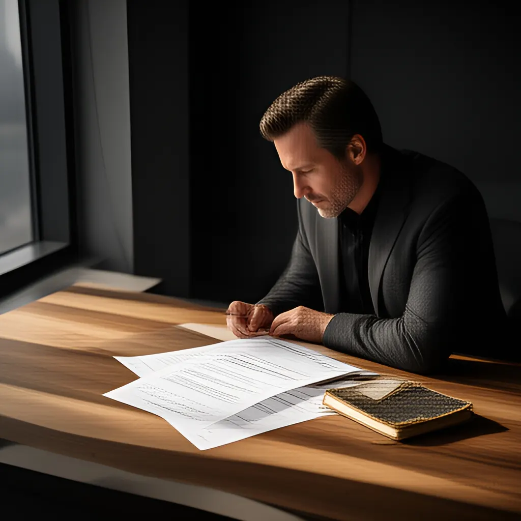 Editorial photograph of a founder studying a real working document and a relevant physical object on a warm ivory desk in a restrained modern workspace, natural candid wide editorial composition. Supports the section "Start with the problem, not the person" in "Firing Someone Kindly Starts Before the Firing Conversation".