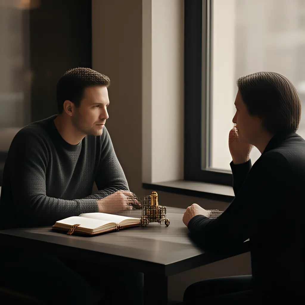 Editorial photograph of a founder listening carefully to a customer across a small meeting table with an open notebook and a real product sample, natural candid wide composition. Supports the section "Start with a specific customer" in "How do I get my first customer?".