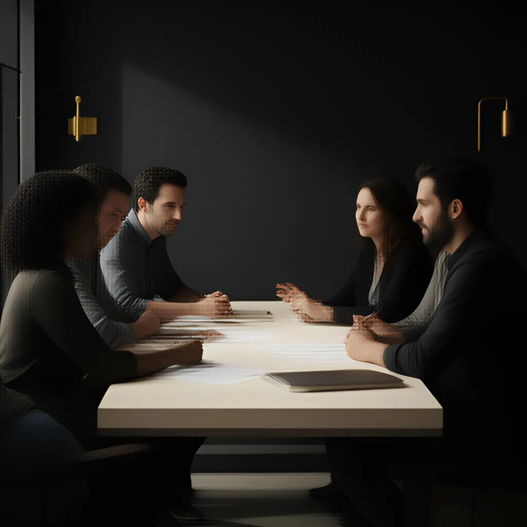 Editorial photograph of a small startup team in a candid working discussion around a shared table, natural expressions, restrained modern office, wide composition. Supports the section "The decision memo" in "What Should Success for a First Employee Look Like in 30, 60, and 90 Days?".
