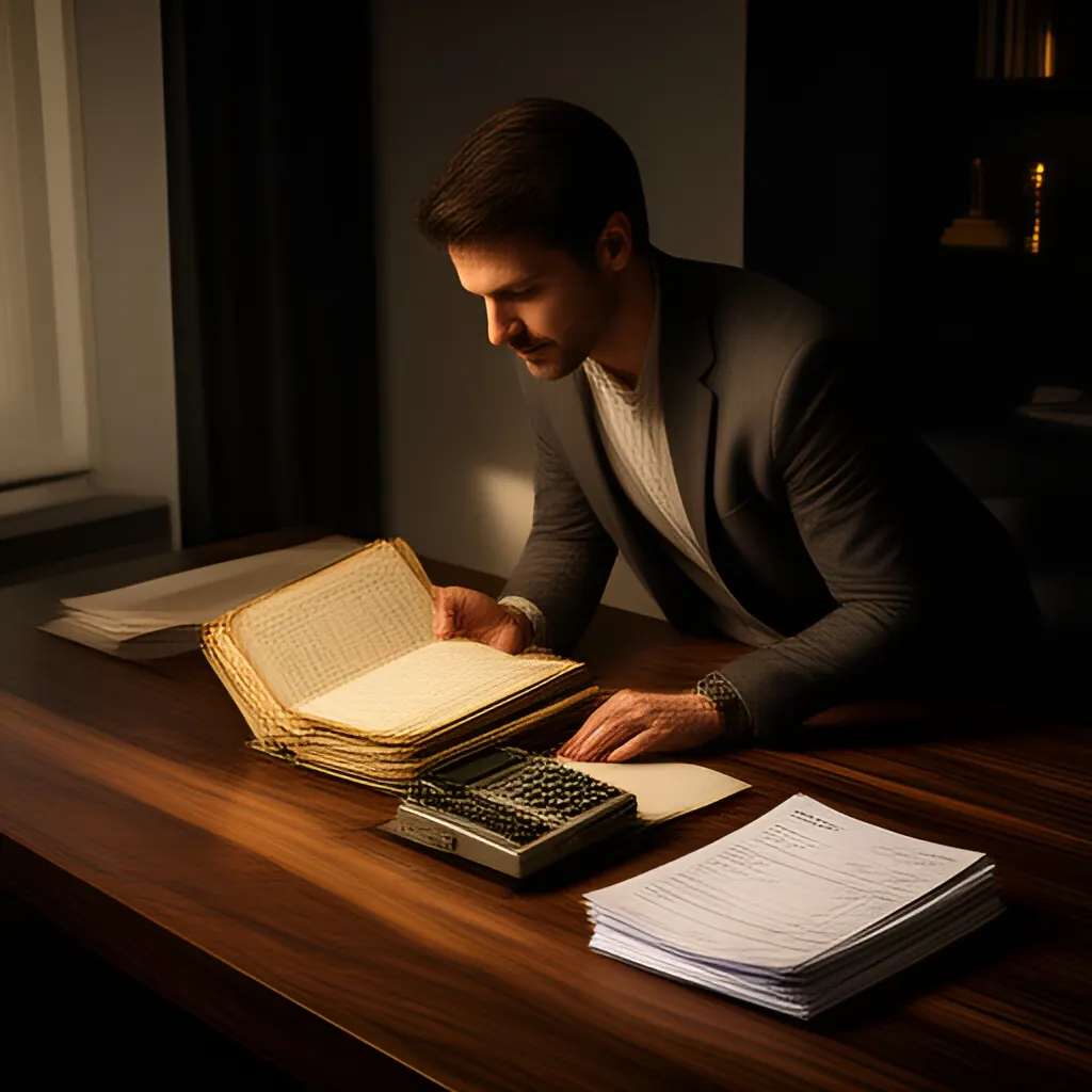 Editorial photograph of a founder at a real worktable comparing a paper ledger, a calculator and a few invoices in a quiet, naturally lit office, photographed in a wide establishing composition. Supports the section "The real question is not "Am I busy enough?"" in "When Should I Make My First Hire?".