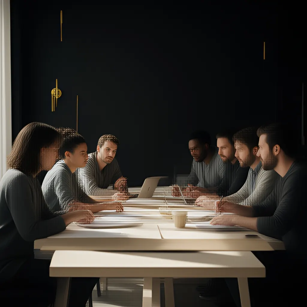 Editorial photograph of a small startup team in a candid working discussion around a shared table, natural expressions, restrained modern office, wide composition. Supports the section "The decision memo" in "When Should a Small Company Add Its First Manager?".