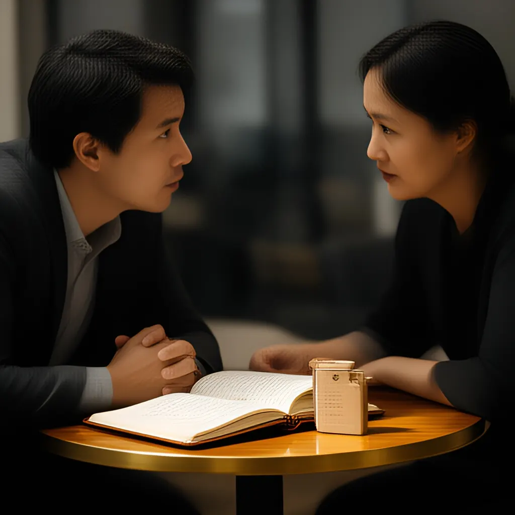 Editorial photograph of a founder listening carefully to a customer across a small meeting table with an open notebook and a real product sample, natural candid wide composition. Supports the section "The real hiring test" in "First Sales Hire: What Must Be Documented Before Delegating Sales".
