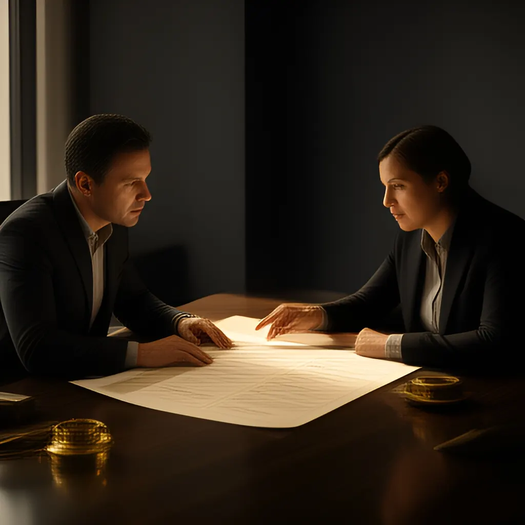 Editorial photograph of a founder and client reviewing a printed scope document across a meeting table, calm professional body language, wide natural-light composition. Supports the section "Do Not Hire Your First Salesperson to Discover Your Sales Process" in "Do Not Hire Your First Salesperson to Discover Your Sales Process".