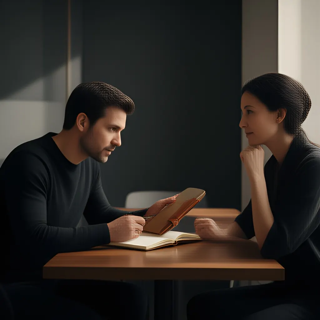 Editorial photograph of a founder listening carefully to a customer across a small meeting table with an open notebook and a real product sample, natural candid wide composition. Supports the section "Day one: define the problem precisely" in "First Week Plan".