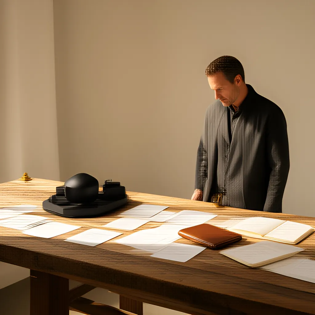 Editorial photograph of a founder standing beside a worktable with a physical prototype and a few neatly arranged planning notes in a calm studio, wide editorial composition. Supports the section "Look at the work, not only the feeling" in "Founder Burnout Is Often an Operating Problem Before It Becomes a Motivation Problem".