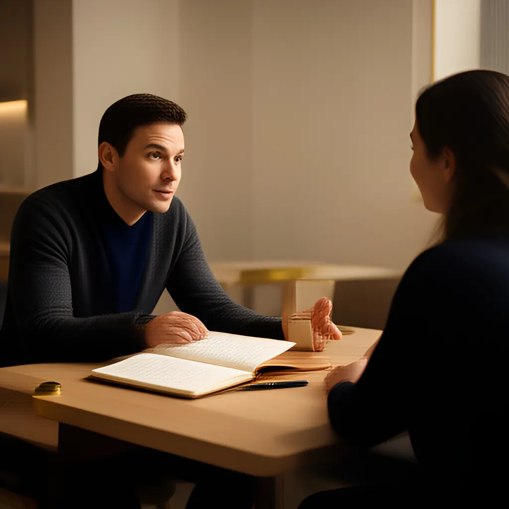 Editorial photograph of a founder listening carefully to a customer across a small meeting table with an open notebook and a real product sample, natural candid wide composition. Supports the section "The short answer" in "How Founders Regain Clarity When the Original Purpose Feels Distant".