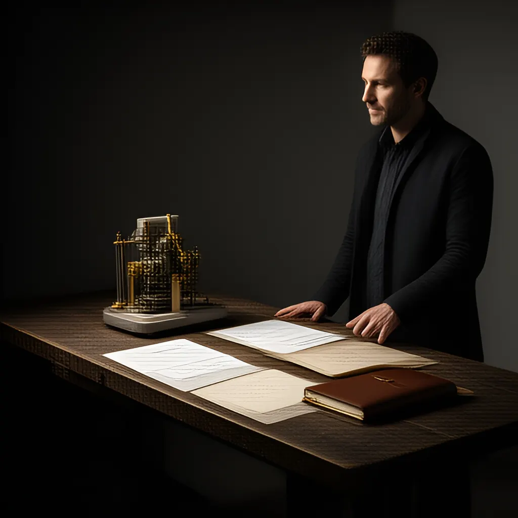 Editorial photograph of a founder standing beside a worktable with a physical prototype and a few neatly arranged planning notes in a calm studio, wide editorial composition. Supports the section "The decision in plain English" in "How to Use a Decision Memo When Every Option Looks Plausible".