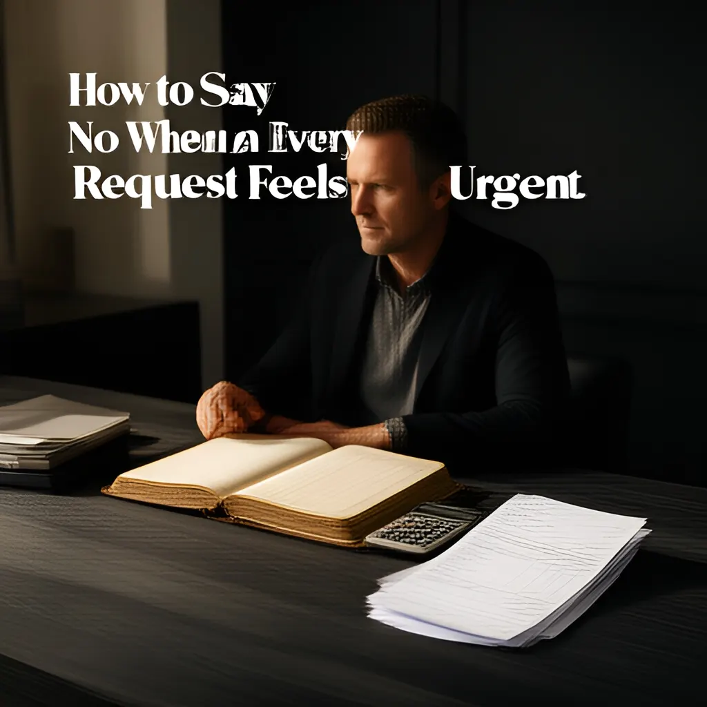Editorial photograph of a founder at a real worktable comparing a paper ledger, a calculator and a few invoices in a quiet, naturally lit office, photographed in a wide establishing composition. Supports the section "Start with the question" in "How to Say No When Every Request Feels Urgent".