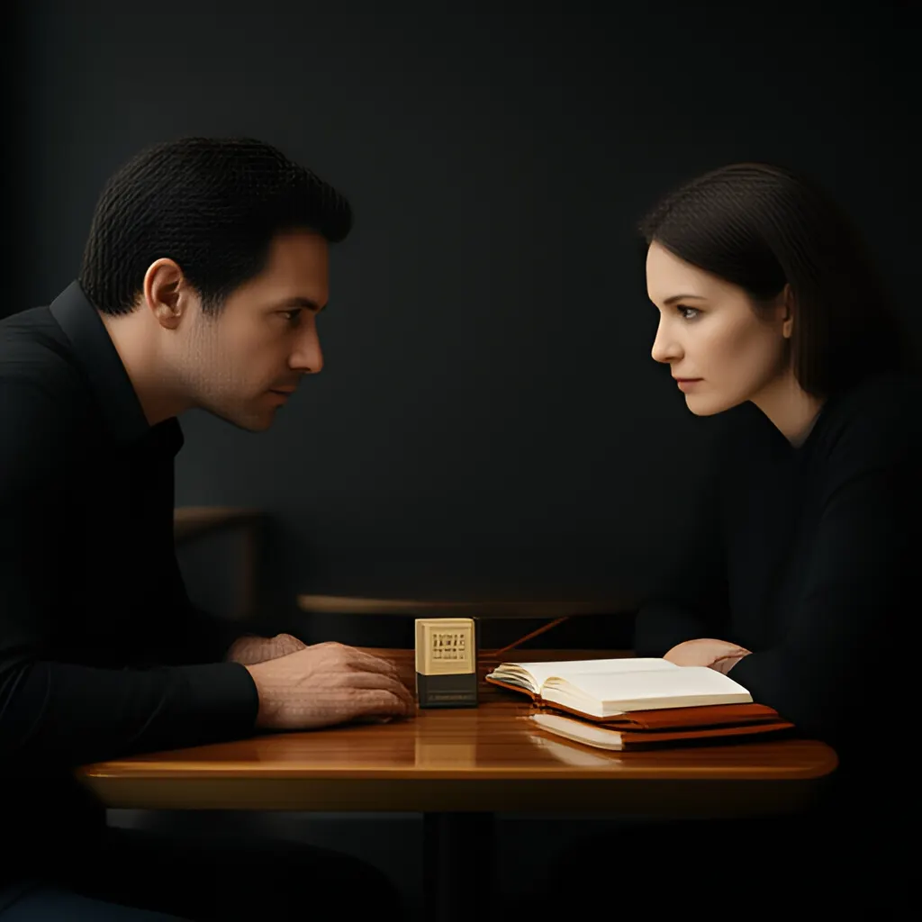 Editorial photograph of a founder listening carefully to a customer across a small meeting table with an open notebook and a real product sample, natural candid wide composition. Supports the section "Start with decisions, not presence" in "You Do Not Need to Feel Like a Leader Before You Start Leading".