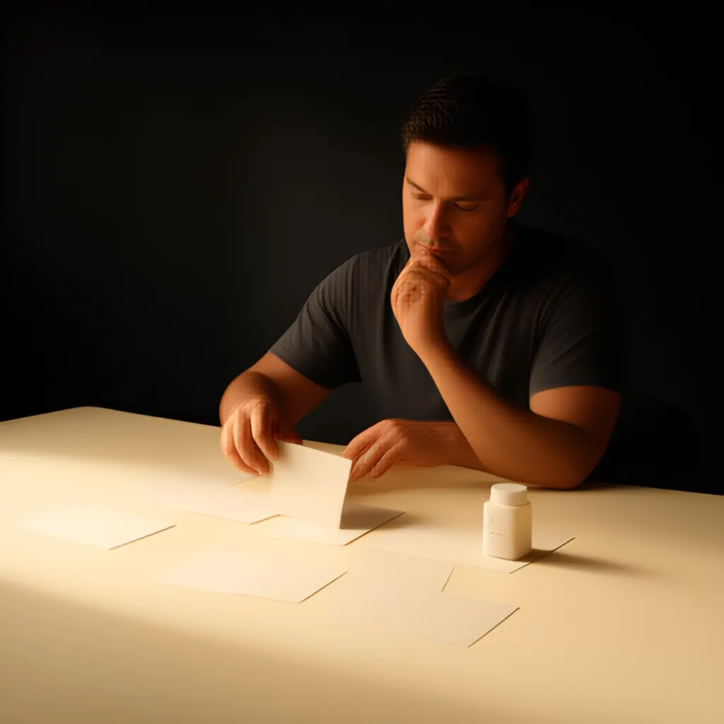 Editorial photograph of a founder arranging several blank paper cards and a simple product sample on a warm ivory studio table while considering brand direction, wide editorial composition, no legible writing. Supports the section "Leadership begins before anyone follows" in "Founder Leadership".