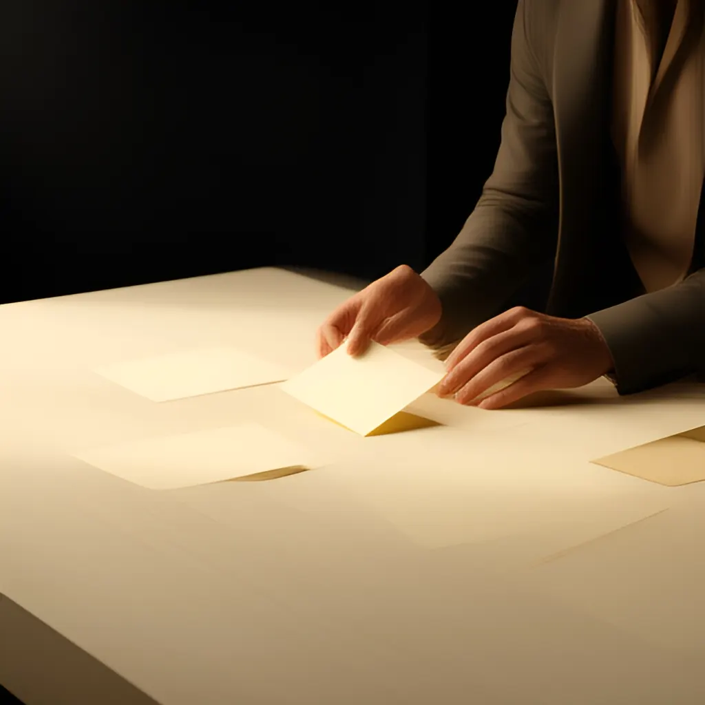 Editorial photograph of a founder arranging several blank paper cards and a simple product sample on a warm ivory studio table while considering brand direction, wide editorial composition, no legible writing. Supports the section "Legacy begins before the exit" in "When Should a Founder Start Building for Life After the Business?".