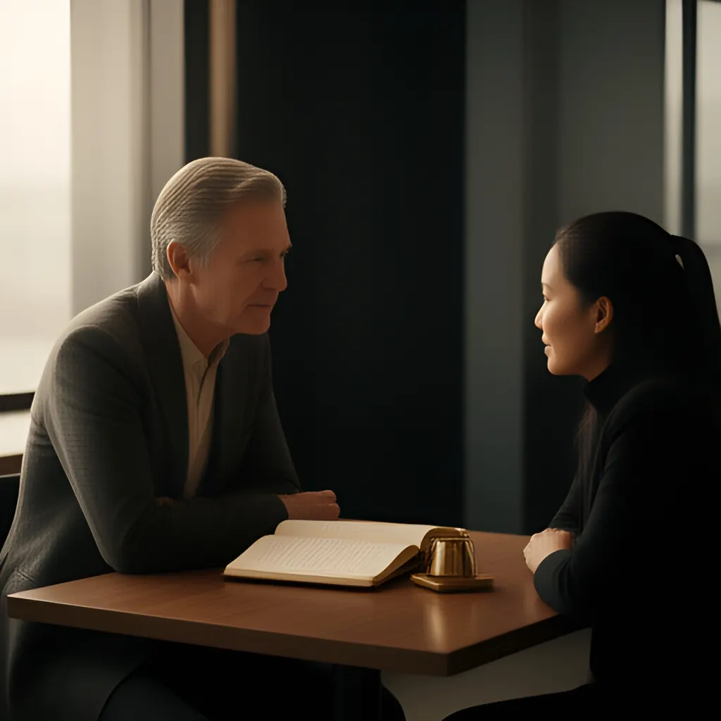 Editorial photograph of a founder listening carefully to a customer across a small meeting table with an open notebook and a real product sample, natural candid wide composition. Supports the section "The useful part of a founder legacy" in "Your Founder Story Should Not Become the Company's Operating System".