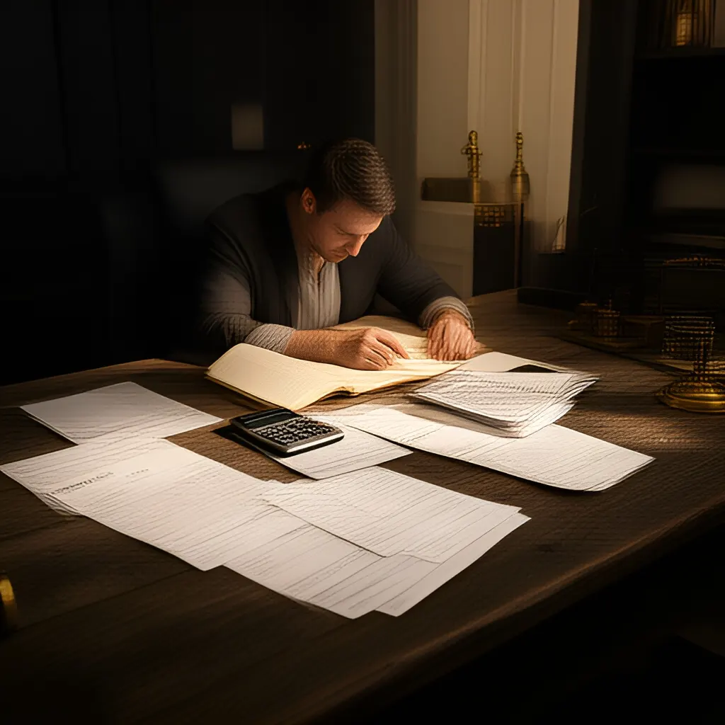 Editorial photograph of a founder at a real worktable comparing a paper ledger, a calculator and a few invoices in a quiet, naturally lit office, photographed in a wide establishing composition. Supports the section "Build for the version of the business without you" in "Founder Legacy".