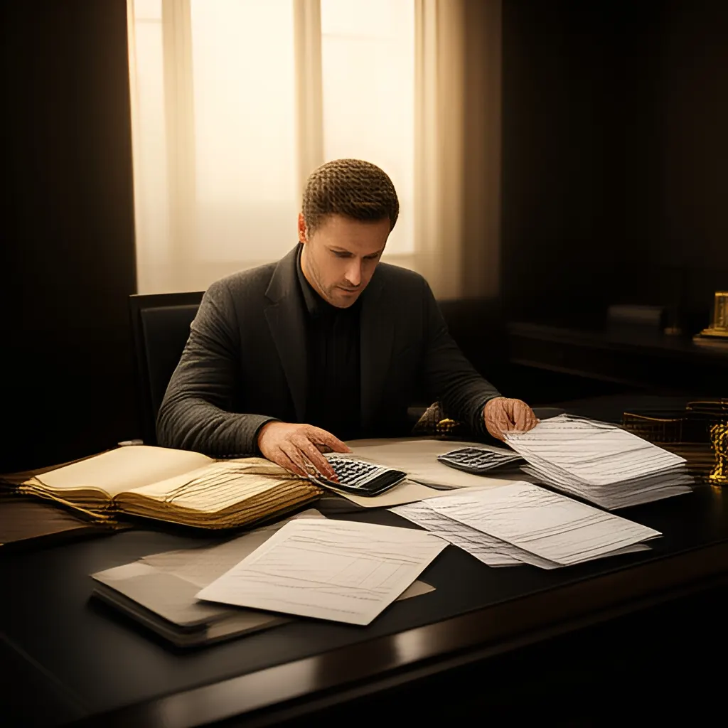 Editorial photograph of a founder at a real worktable comparing a paper ledger, a calculator and a few invoices in a quiet, naturally lit office, photographed in a wide establishing composition. Supports the section "The perspective" in "After the Sale, Founder Authority Becomes a Deal Variable".