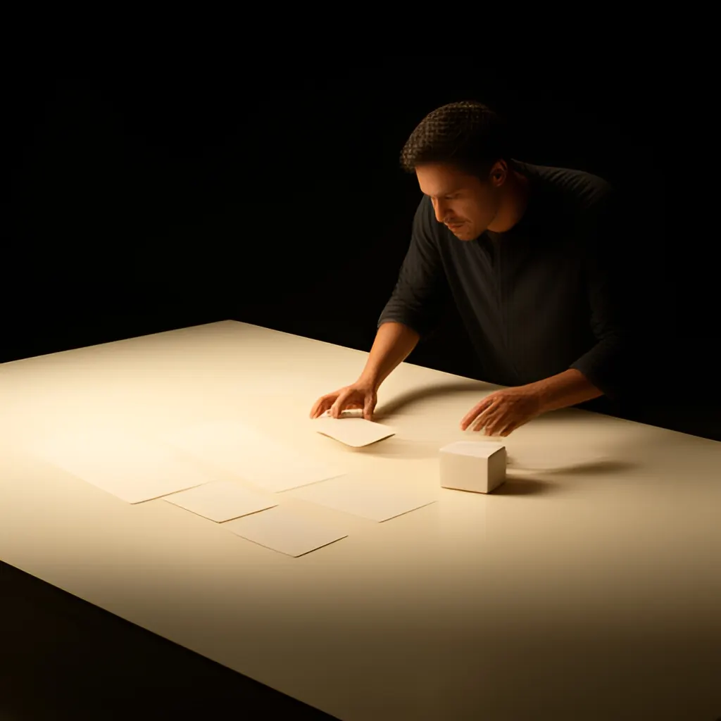 Editorial photograph of a founder arranging several blank paper cards and a simple product sample on a warm ivory studio table while considering brand direction, wide editorial composition, no legible writing. Supports the section "The four beats of a useful founder story" in "Founder Story Arc".