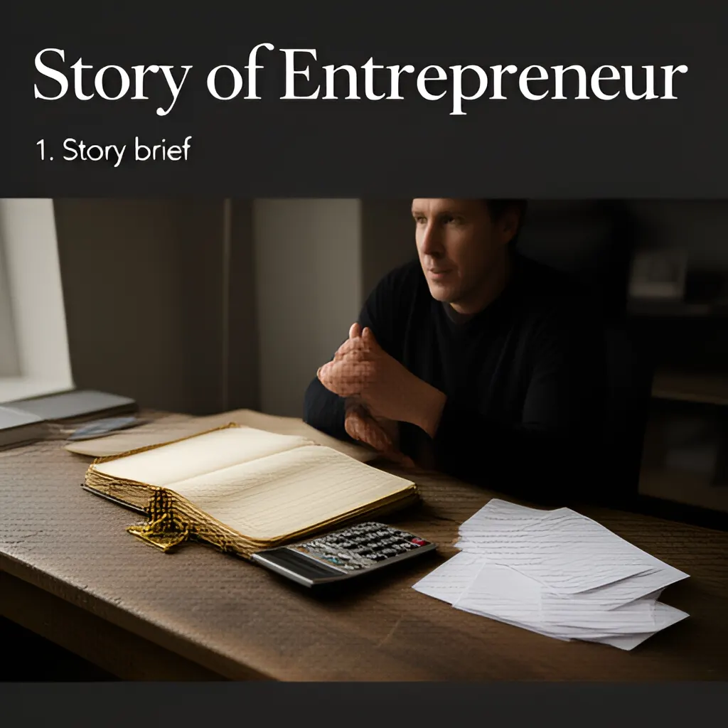 Editorial photograph of a founder at a real worktable comparing a paper ledger, a calculator and a few invoices in a quiet, naturally lit office, photographed in a wide establishing composition. Supports the section "1. Story brief" in "Founder Story Template".