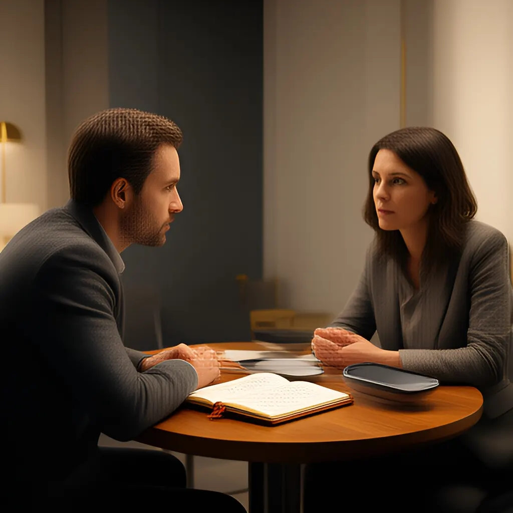 Editorial photograph of a founder listening carefully to a customer across a small meeting table with an open notebook and a real product sample, natural candid wide composition. Supports the section "Do Not Run a Free Pilot Without a Conversion Decision" in "Do Not Run a Free Pilot Without a Conversion Decision".