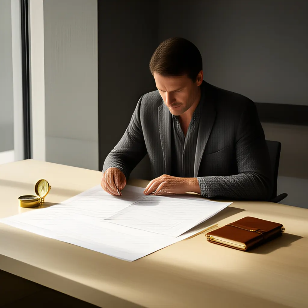 Editorial photograph of a founder studying a real working document and a relevant physical object on a warm ivory desk in a restrained modern workspace, natural candid wide editorial composition. Supports the section "Start with the question" in "How Should Founders Compare a Full Sale and Partial Liquidity Option?".