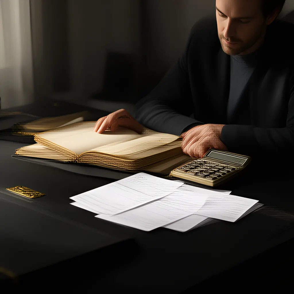 Editorial photograph of a founder at a real worktable comparing a paper ledger, a calculator and a few invoices in a quiet, naturally lit office, photographed in a wide establishing composition. Supports the section "The founder field guide" in "What Should Be Ready in a Fundraising Data Room Before Investors Ask?".
