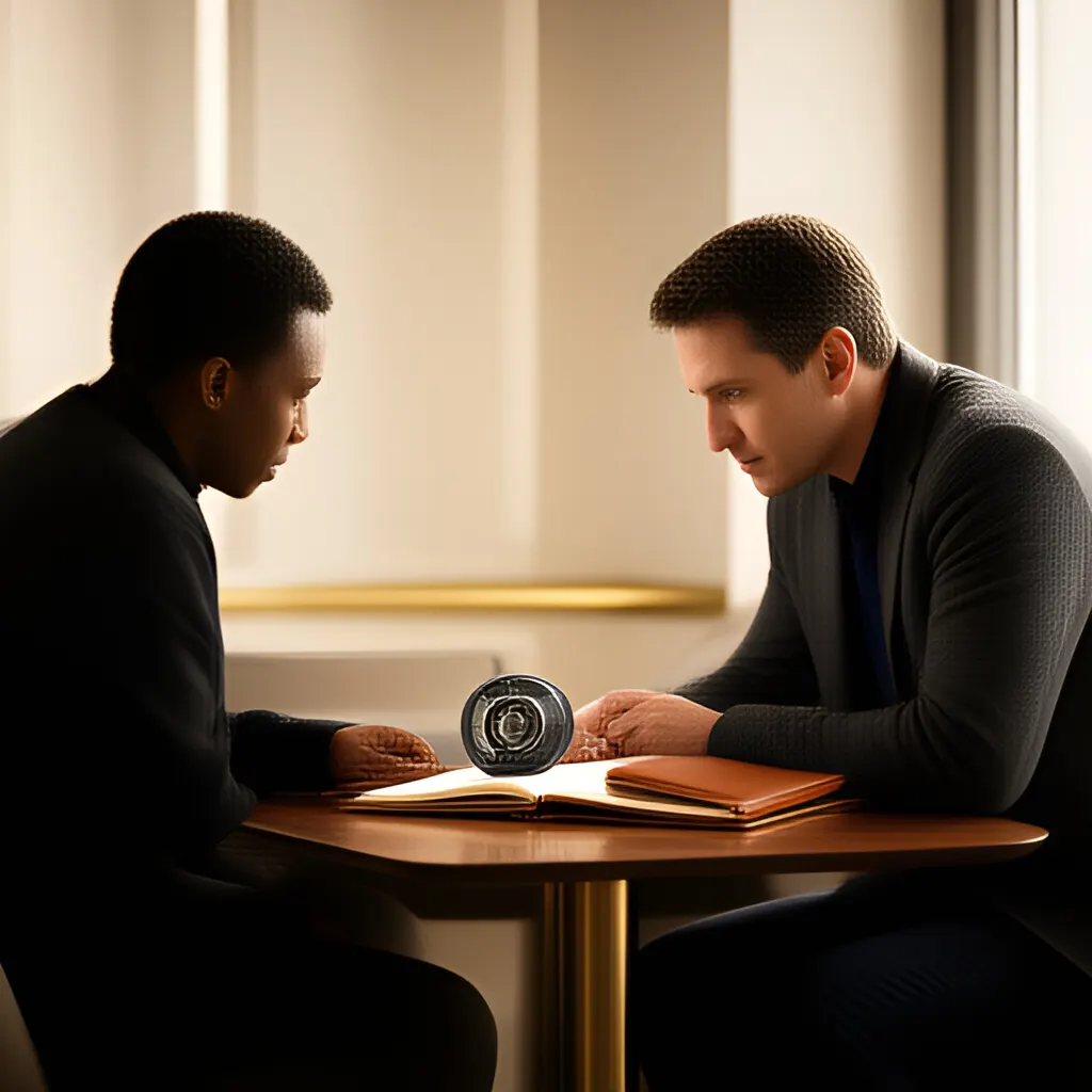 Editorial photograph of a founder listening carefully to a customer across a small meeting table with an open notebook and a real product sample, natural candid wide composition. Supports the section "Start with what is working" in "Giving Hard Feedback".