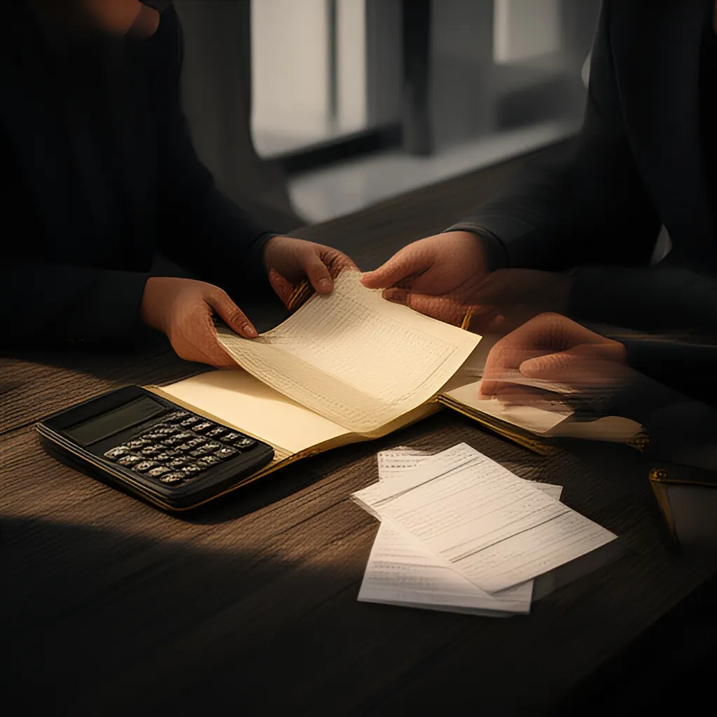Editorial photograph of a founder at a real worktable comparing a paper ledger, a calculator and a few invoices in a quiet, naturally lit office, photographed in a wide establishing composition. Supports the section "The useful answer" in "Gross Burn vs Net Burn: Which Number Should a Founder Use?".