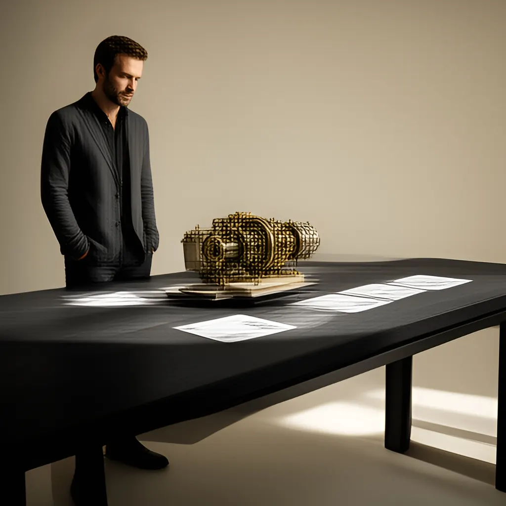 Editorial photograph of a founder standing beside a worktable with a physical prototype and a few neatly arranged planning notes in a calm studio, wide editorial composition. Supports the section "The actual problem" in "Growth Strategy Starts With a Constraint, Not a Channel List".