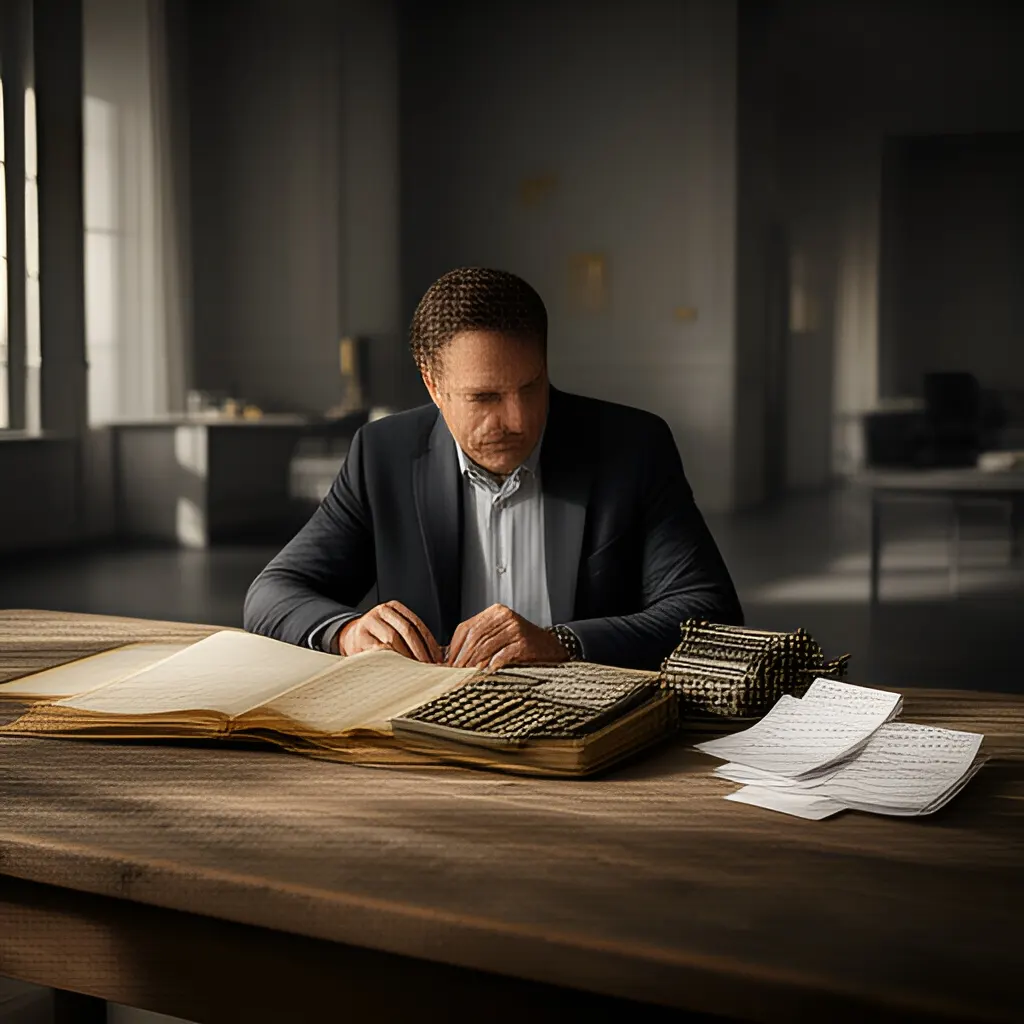 Editorial photograph of a founder at a real worktable comparing a paper ledger, a calculator and a few invoices in a quiet, naturally lit office, photographed in a wide establishing composition. Supports the section "The question beyond the assembly line" in "Henry Ford and the Model T: When a Production System Becomes a Competitive Advantage".