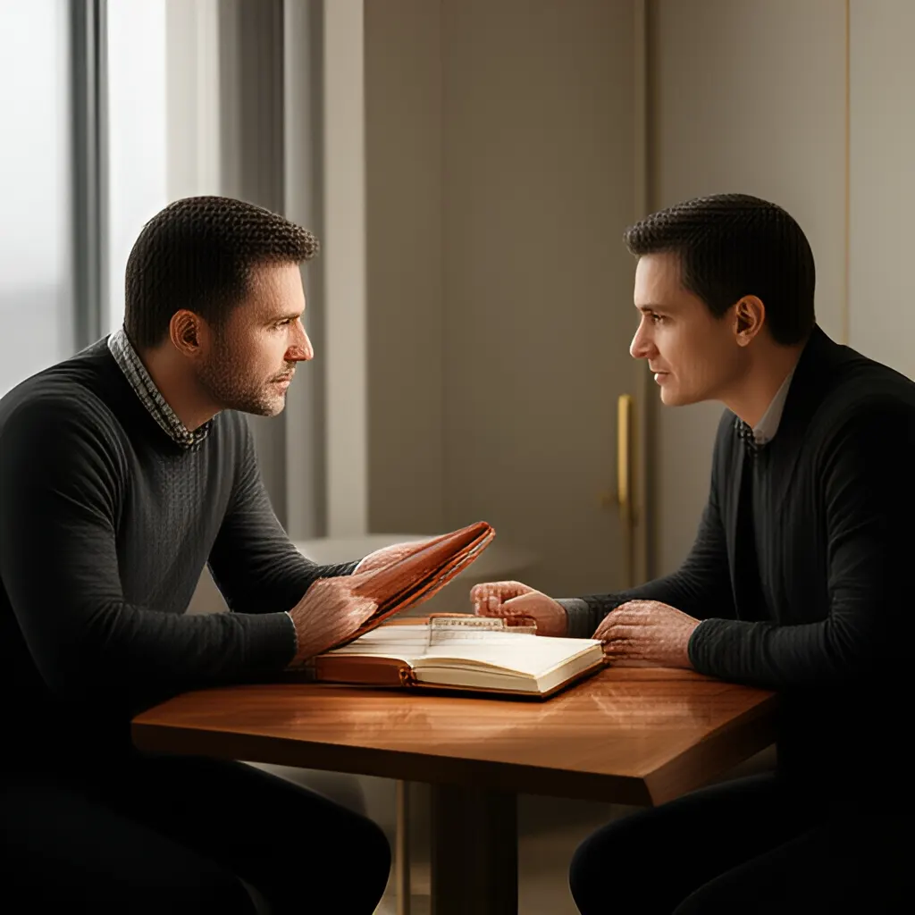 Editorial photograph of a founder listening carefully to a customer across a small meeting table with an open notebook and a real product sample, natural candid wide composition. Supports the section "The framework structure" in "Hiring Framework".