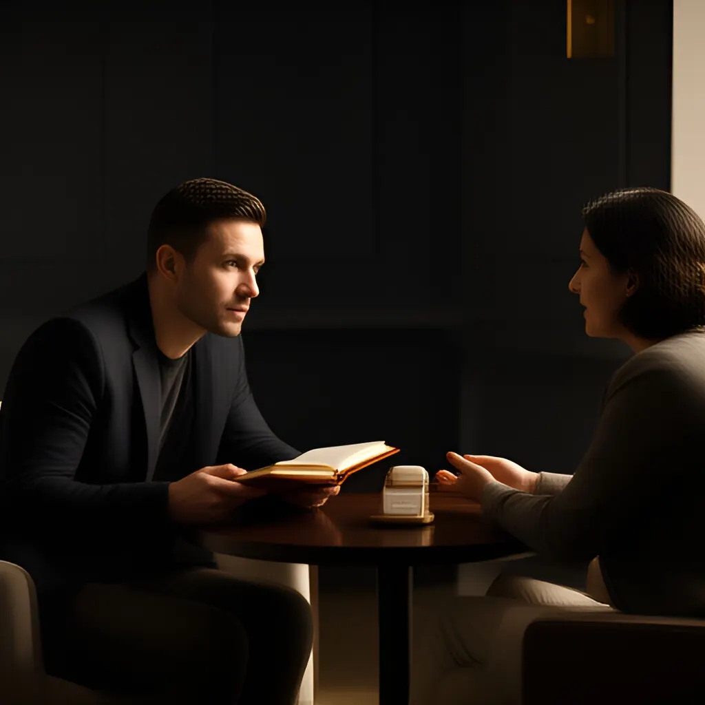 Editorial photograph of a founder listening carefully to a customer across a small meeting table with an open notebook and a real product sample, natural candid wide composition. Supports the section "Test the existing sales motion" in "When a First Sales Hire Should Be a Learning System, Not a Quota Machine".