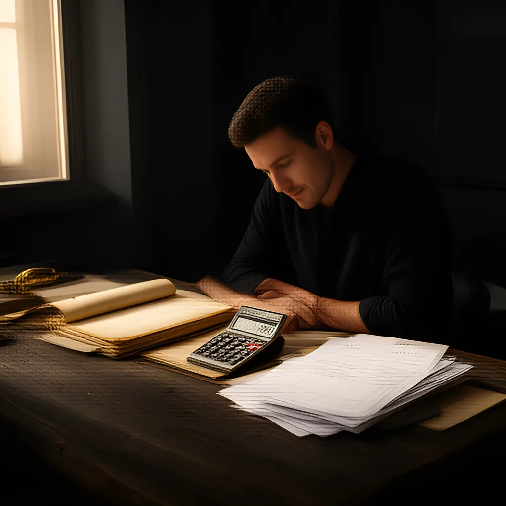 Editorial photograph of a founder at a real worktable comparing a paper ledger, a calculator and a few invoices in a quiet, naturally lit office, photographed in a wide establishing composition. Supports the section "Start with the deal you are actually willing to make" in "Hold Your Price Without Turning Every Deal Into a Fight".