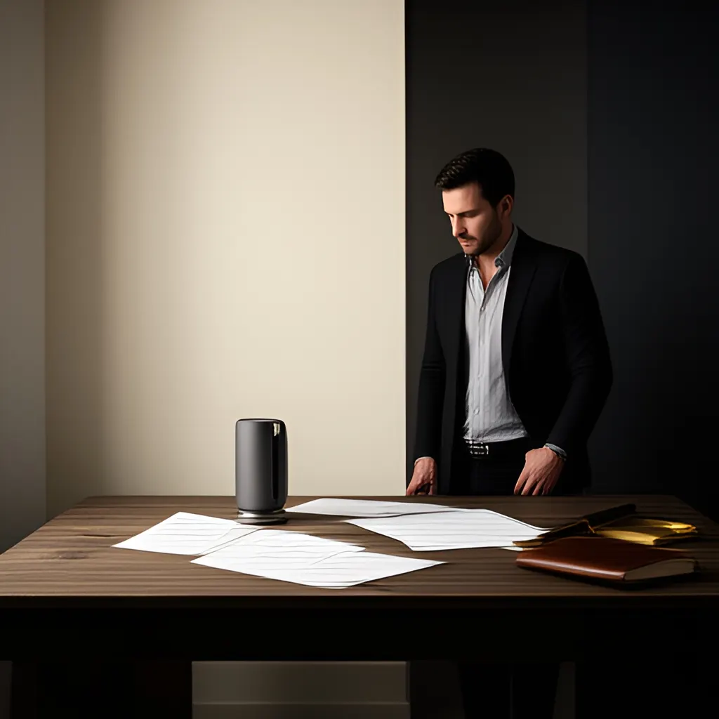 Editorial photograph of a founder standing beside a worktable with a physical prototype and a few neatly arranged planning notes in a calm studio, wide editorial composition. Supports the section "The close starts before the closing question" in "How do I close?".