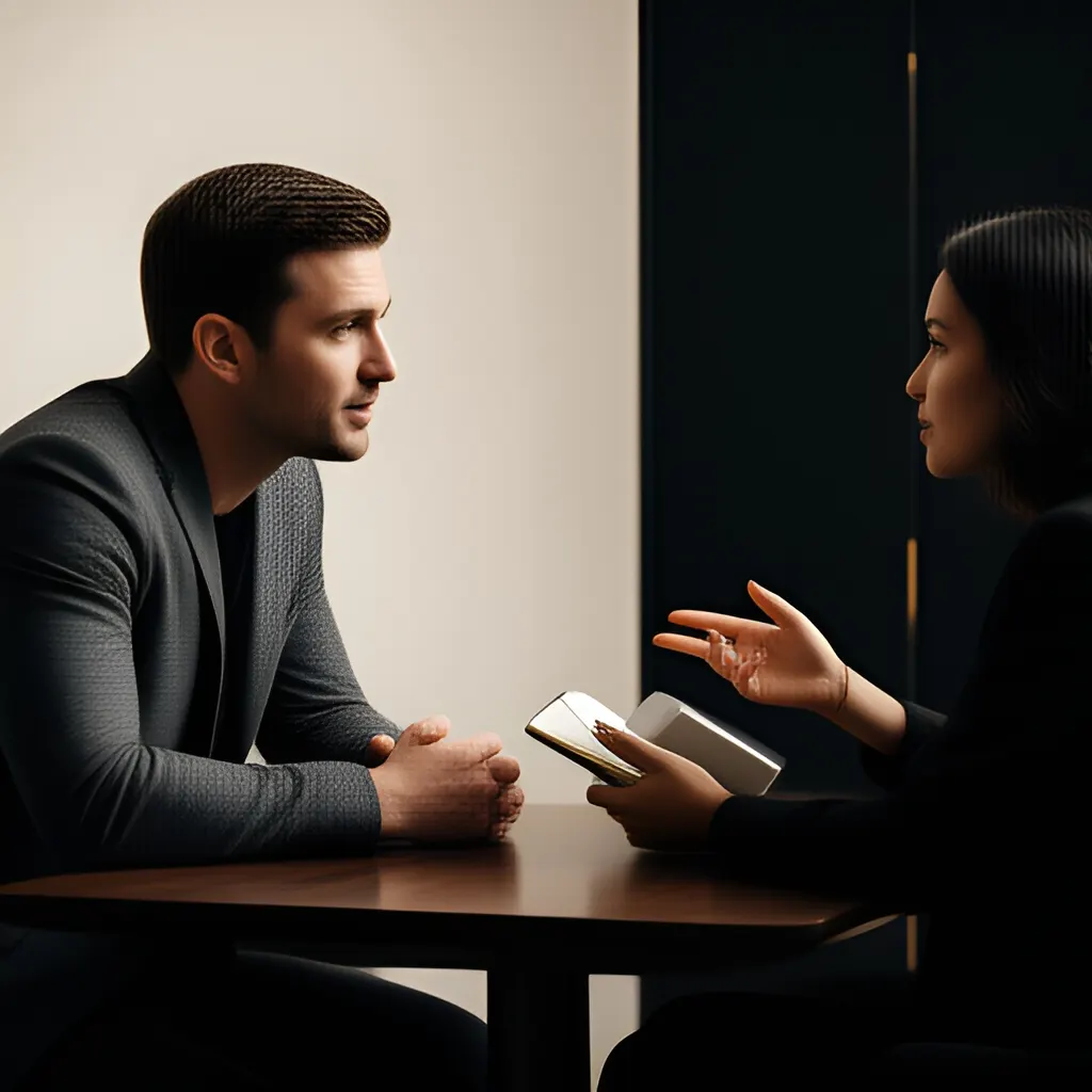 Editorial photograph of a founder listening carefully to a customer across a small meeting table with an open notebook and a real product sample, natural candid wide composition. Supports the section "Follow-up is part of the sales process, not a fixed formula" in "How do I follow up?".