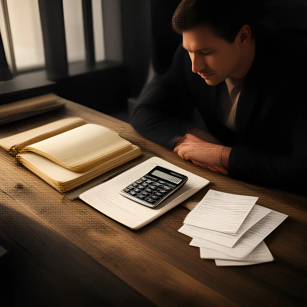 Editorial photograph of a founder at a real worktable comparing a paper ledger, a calculator and a few invoices in a quiet, naturally lit office, photographed in a wide establishing composition. Supports the section "How do I price?" in "How do I price?".