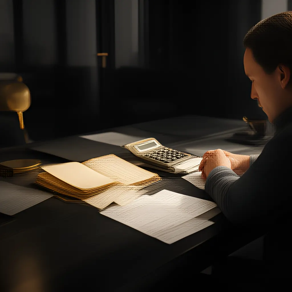 Editorial photograph of a founder at a real worktable comparing a paper ledger, a calculator and a few invoices in a quiet, naturally lit office, photographed in a wide establishing composition. Supports the section "Start with the economics, not the courage" in "How do I raise my prices?".