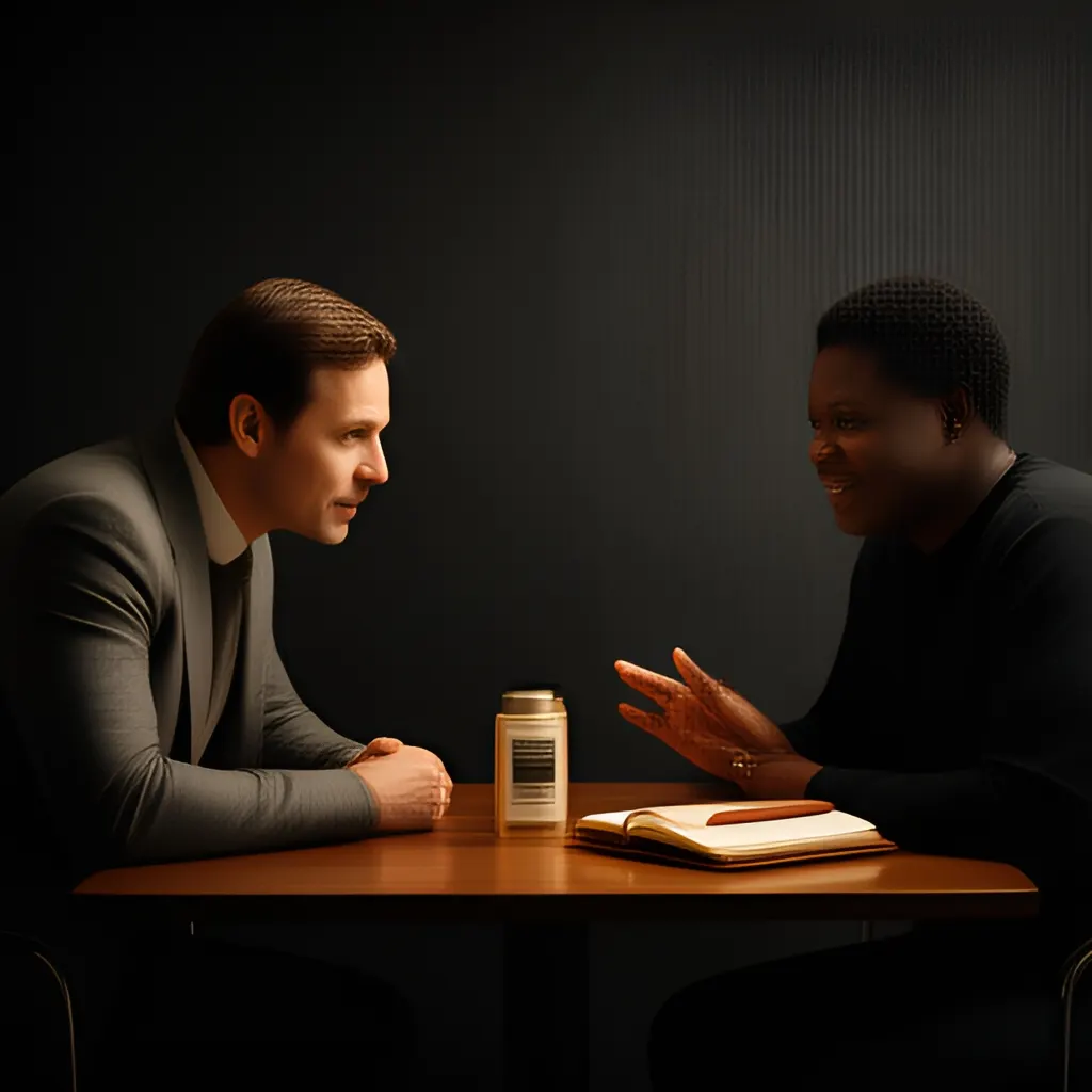 Editorial photograph of a founder listening carefully to a customer across a small meeting table with an open notebook and a real product sample, natural candid wide composition. Supports the section "Make the referral easy to understand" in "How do referrals work?".