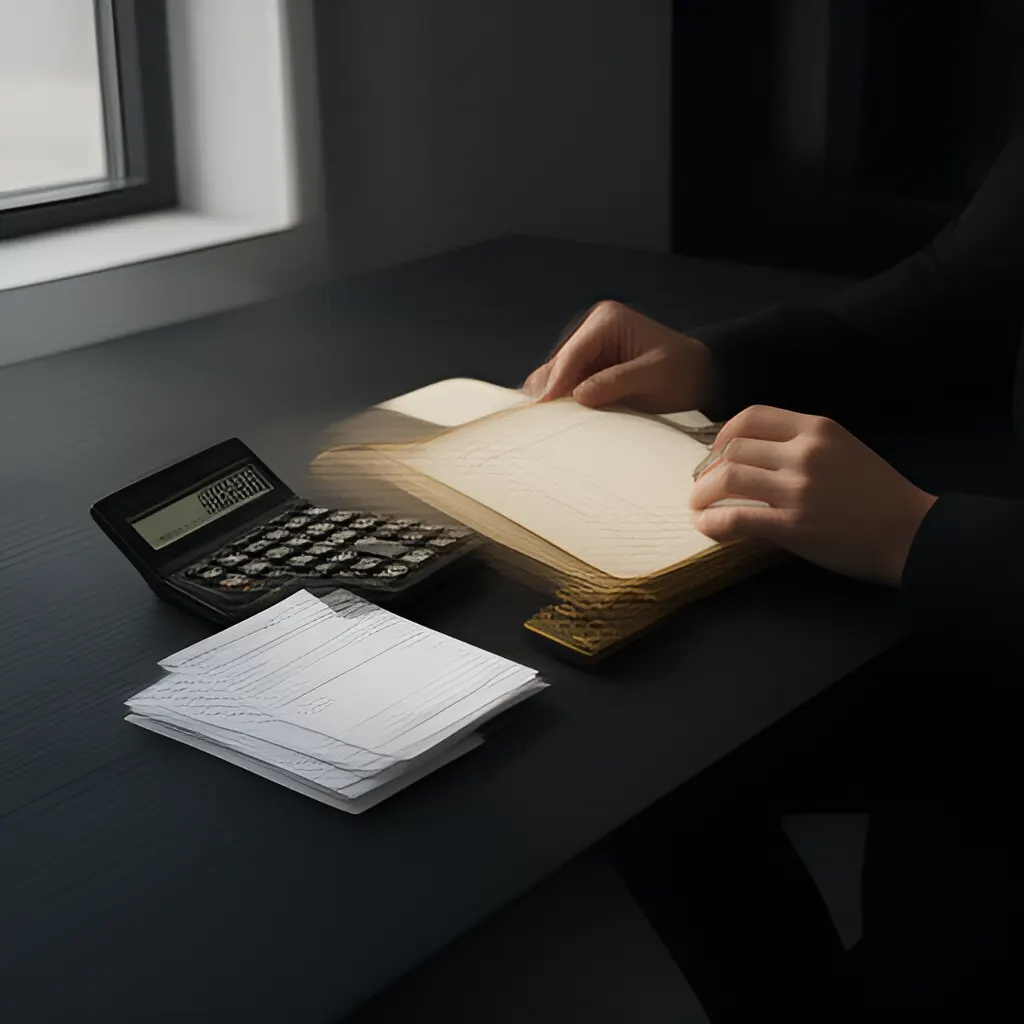 Editorial photograph of a founder at a real worktable comparing a paper ledger, a calculator and a few invoices in a quiet, naturally lit office, photographed in a wide establishing composition. Supports the section "Separate salary from ownership returns" in "How Should a Founder Decide Their Own Salary?".