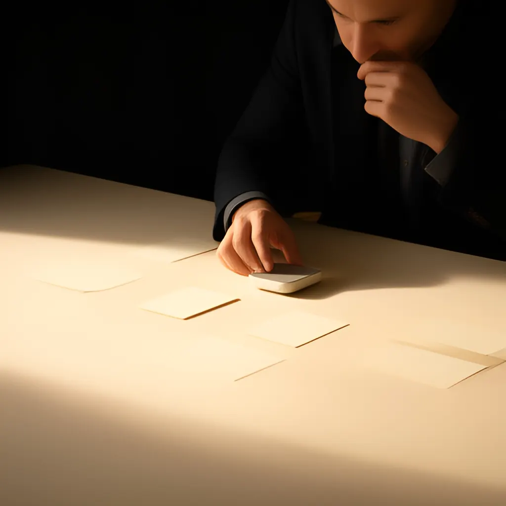 Editorial photograph of a founder arranging several blank paper cards and a simple product sample on a warm ivory studio table while considering brand direction, wide editorial composition, no legible writing. Supports the section "Map the transaction before comparing fees" in "How Indian SaaS Founders Should Evaluate International Payment Options".