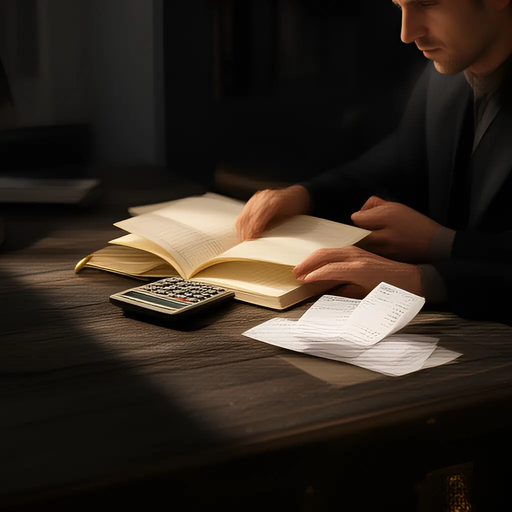 Editorial photograph of a founder at a real worktable comparing a paper ledger, a calculator and a few invoices in a quiet, naturally lit office, photographed in a wide establishing composition. Supports the section "Why a cash reserve matters" in "How Much Cash Should a Small Business Keep in Reserve?".