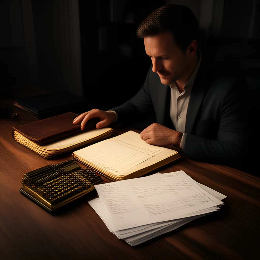 Editorial photograph of a founder at a real worktable comparing a paper ledger, a calculator and a few invoices in a quiet, naturally lit office, photographed in a wide establishing composition. Supports the section "Experience is useful because it compresses patterns" in "How Should Founders Balance Experience and Evidence?".
