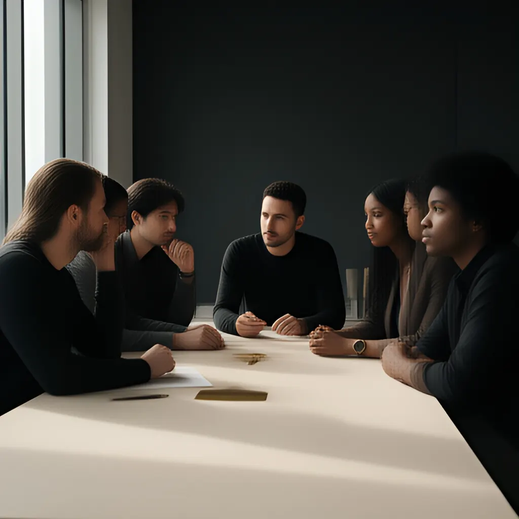 Editorial photograph of a small startup team in a candid working discussion around a shared table, natural expressions, restrained modern office, wide composition. Supports the section "Turn preferences into principles" in "How to Build a Culture That Does Not Depend on the Founder".