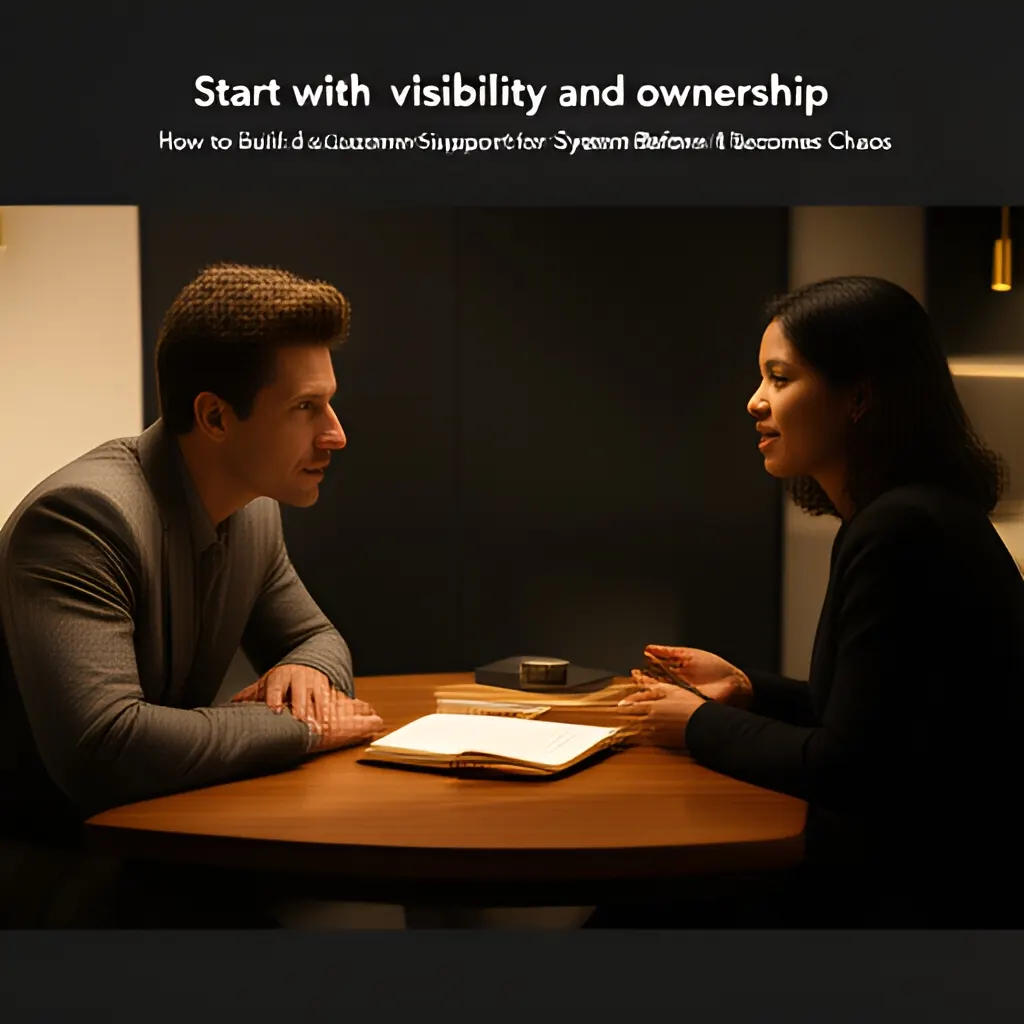 Editorial photograph of a founder listening carefully to a customer across a small meeting table with an open notebook and a real product sample, natural candid wide composition. Supports the section "Start with visibility and ownership" in "How to Build a Customer Support System Before It Becomes Chaos".