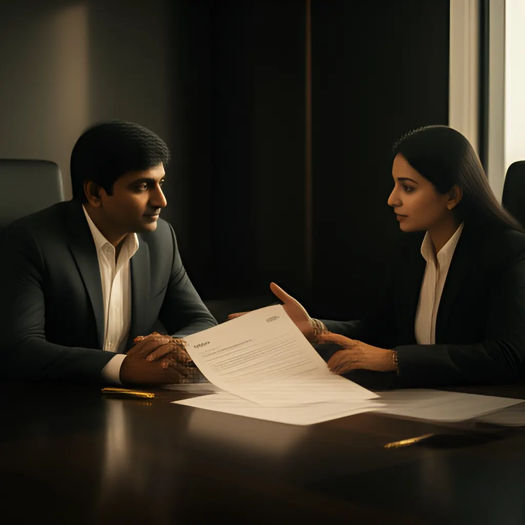 Editorial photograph of a founder and client reviewing a printed scope document across a meeting table, calm professional body language, wide natural-light composition. Supports the section "The short answer" in "How Indian Founders Should Check GST Registration Obligations Before Selling".