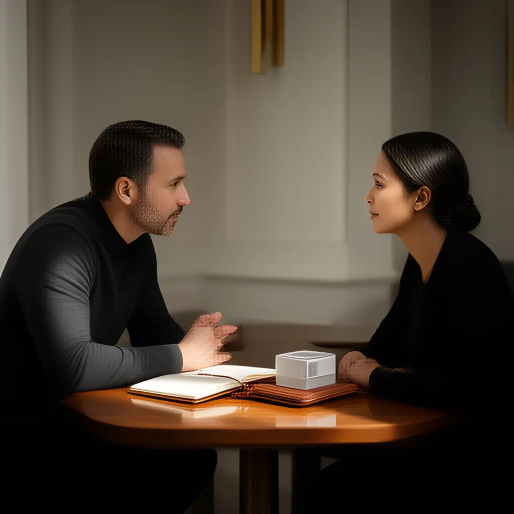 Editorial photograph of a founder listening carefully to a customer across a small meeting table with an open notebook and a real product sample, natural candid wide composition. Supports the section "Start with the customer" in "How to Choose a Growth Channel Before Spending More Money".