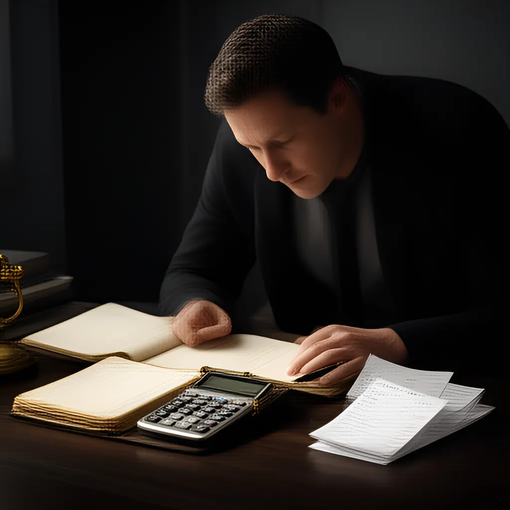 Editorial photograph of a founder at a real worktable comparing a paper ledger, a calculator and a few invoices in a quiet, naturally lit office, photographed in a wide establishing composition. Supports the section "The short answer" in "How to Collect Overdue Business Invoices Without Burning the Relationship".