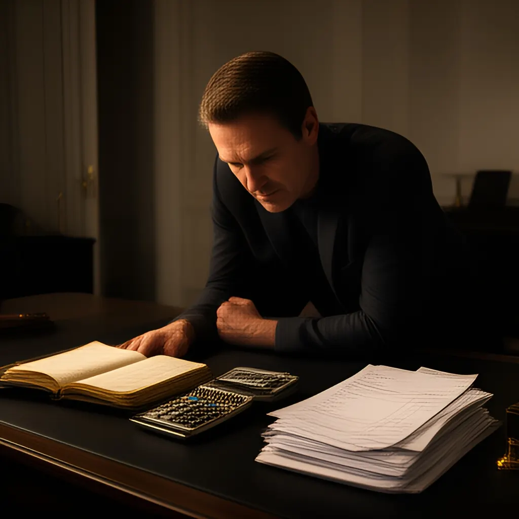 Editorial photograph of a founder at a real worktable comparing a paper ledger, a calculator and a few invoices in a quiet, naturally lit office, photographed in a wide establishing composition. Supports the section "Start with the consequence of waiting" in "How to Decide What to Do When Everything Feels Urgent".