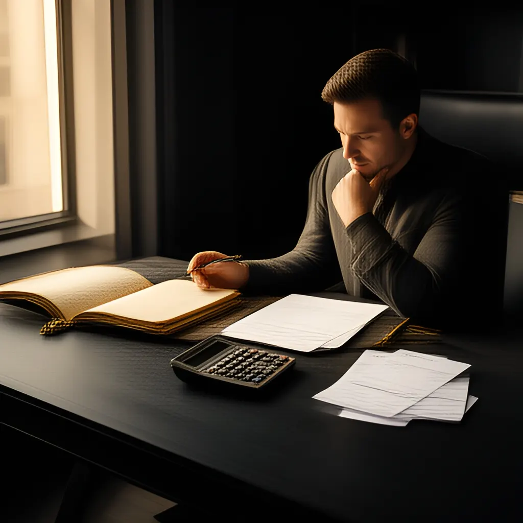 Editorial photograph of a founder at a real worktable comparing a paper ledger, a calculator and a few invoices in a quiet, naturally lit office, photographed in a wide establishing composition. Supports the section "The short answer" in "How to Design Pricing Tiers That Help Buyers Choose".