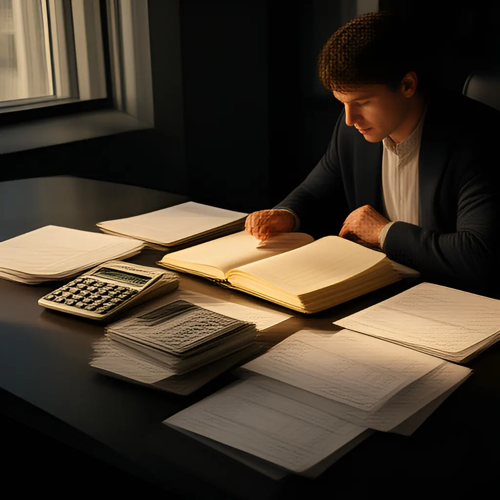 Editorial photograph of a founder at a real worktable comparing a paper ledger, a calculator and a few invoices in a quiet, naturally lit office, photographed in a wide establishing composition. Supports the section "Do not buy the pitch; investigate the operating model" in "How to Evaluate a Franchise Opportunity Before Investing".