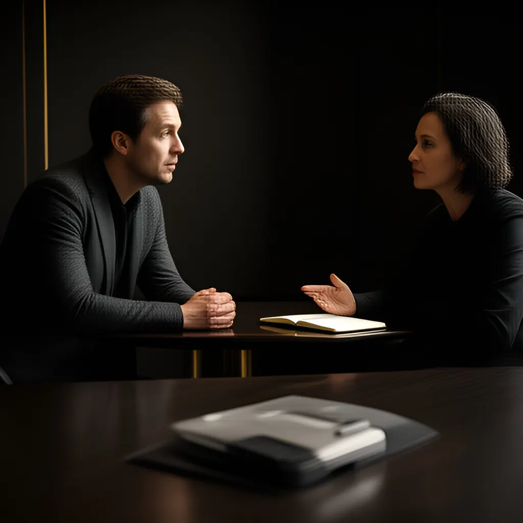 Editorial photograph of a founder listening carefully to a customer across a small meeting table with an open notebook and a real product sample, natural candid wide composition. Supports the section "Start with what happened" in "How to Give Feedback Without Turning It Into a Personal Conflict".